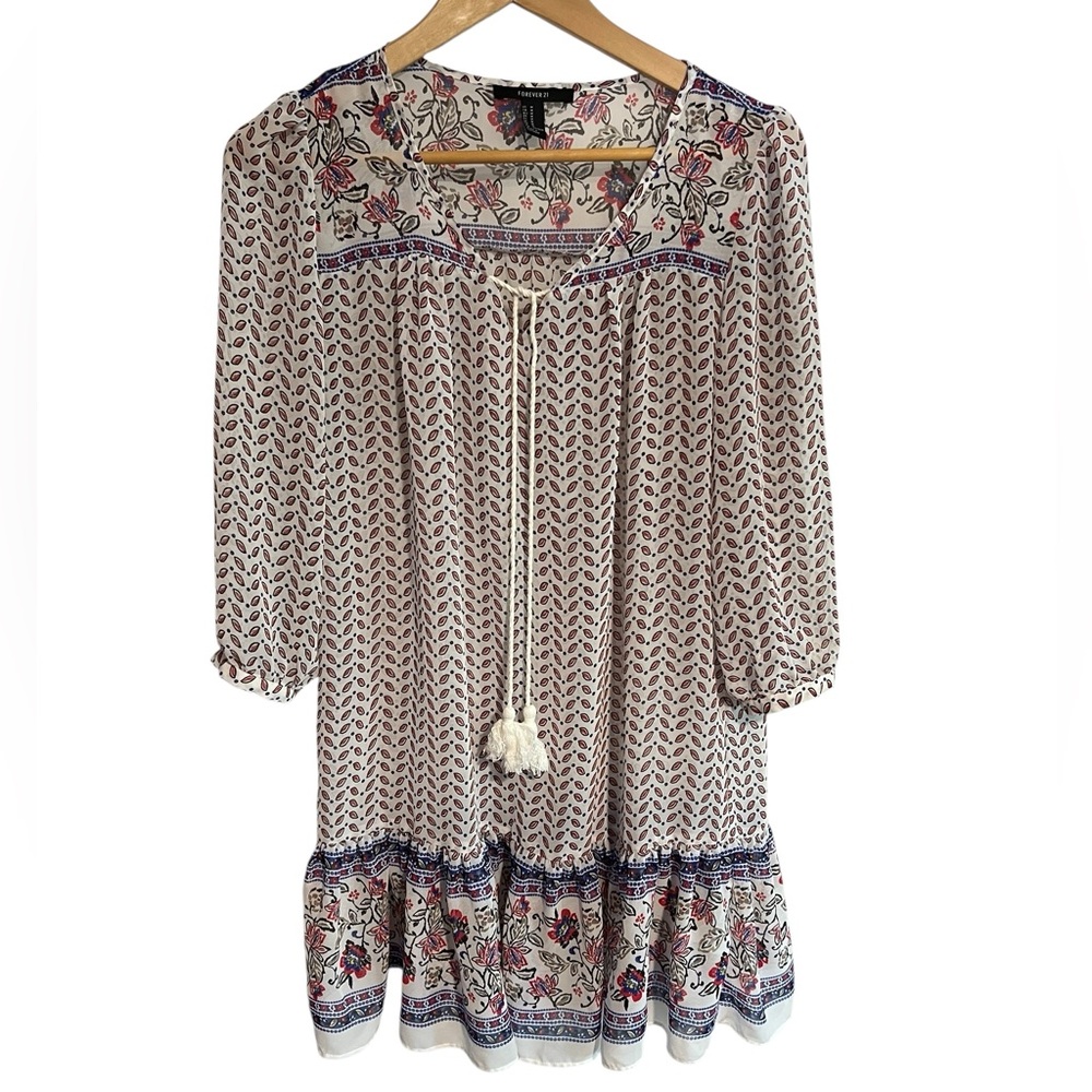 Boho Floral Tassel Long Tunic in Ivory with Navy & Red - Medium Forever 21